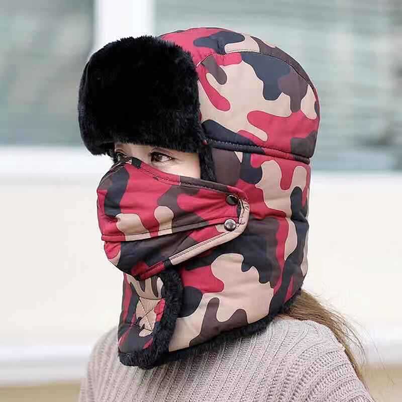 Unisex Camouflage Bomber Hat Russia Caps Waterproof Warm Faux Fur Earflap Winter Snow Skiing Hats Casual