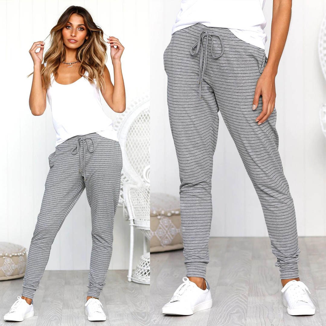 Sport Broek Vrouwen Gestreepte Volledige Lengte Hoge Taille Broek Vrouwen Herfst Winter Grey Kleur Zijvak Voor Vrouw Vrouwelijke