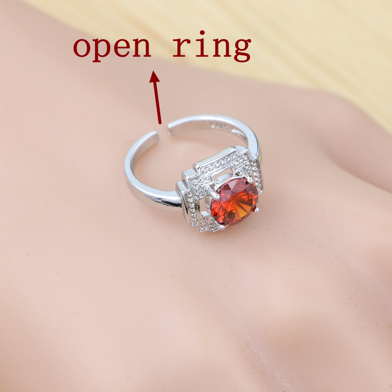 Conjunto de joyería de plata 925 para mujer, anillo redondo rojo granate, pendientes, pulsera, colgante, cadena, joyería cuadrada