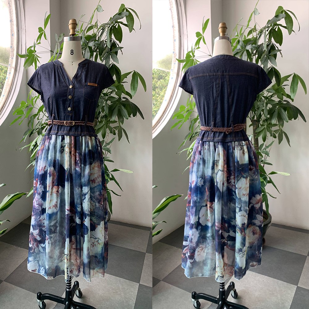 Kvinder afslappet kjole denim chiffon patchwork blomsterprint kortærmet v-hals bohemia a-line kvindelige maxi kjoler