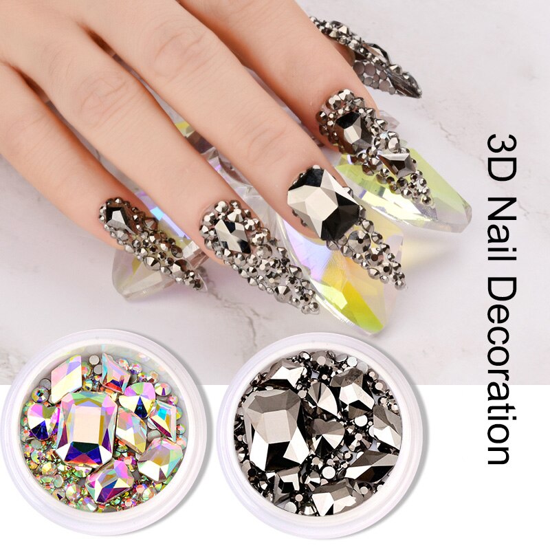 1 Box Nail Strass Ab Kleur Platte Terug Bottom Bling Crystal Mixed Size Vorm Gems Kralen Kleurrijke 3D Nail Art decoraties