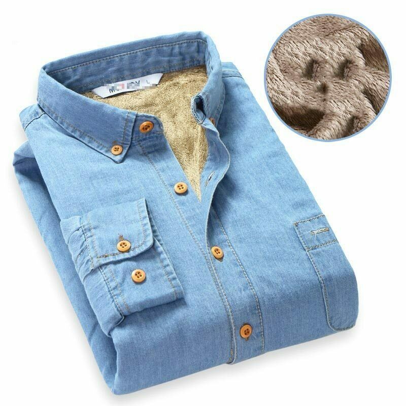 Herre vinter jeans skjorte varm fleece foret fløjl denim skjorter bundskjorte dd
