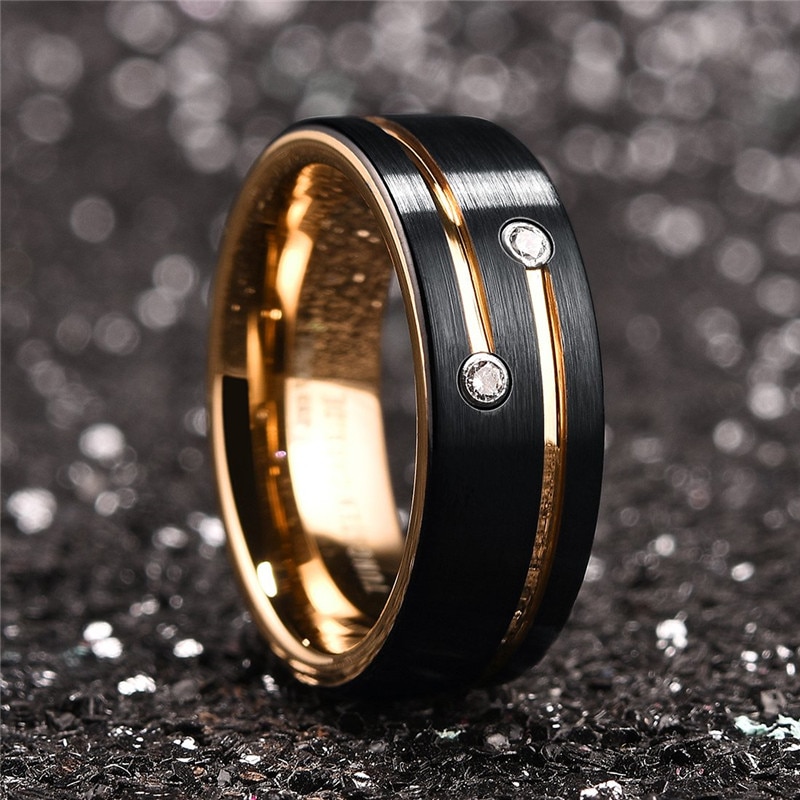 I & FDLK – bague en carbure de tungstène noir pour hommes, 8mm, plaqué or, ligne de rainure en cristal, bracelet de mariage,