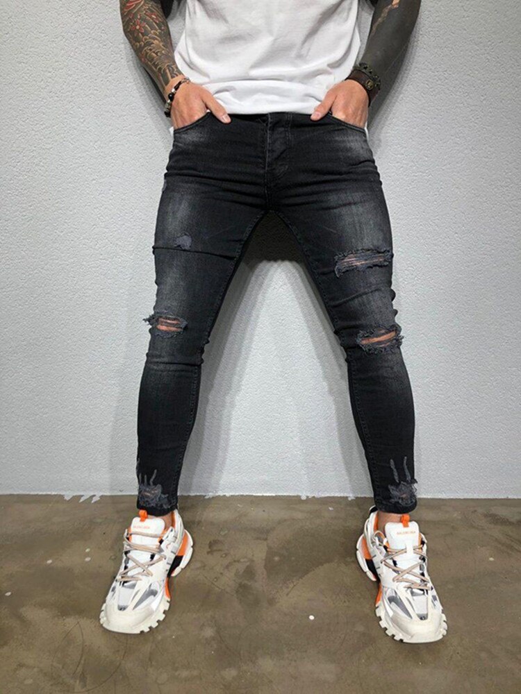 Men Long Pencil Pants Skinny Ripped Jeans Slim Spring Hole Jeans Men Hip-Hop Ankle Totem Denim Trousers