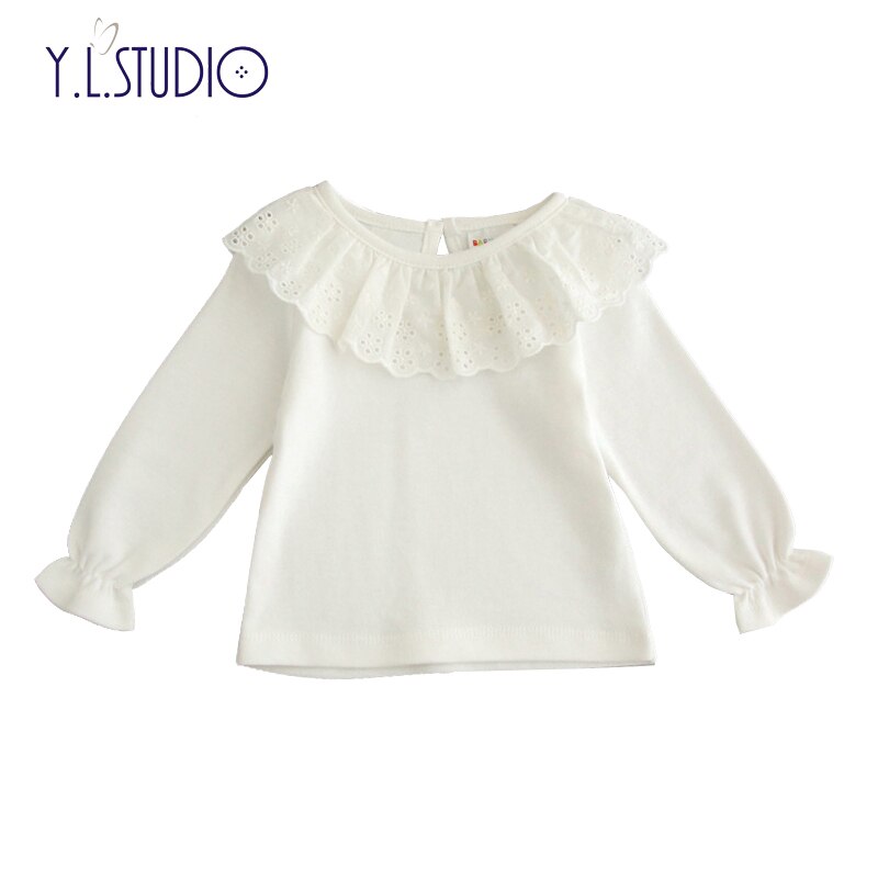 Camiseta de manga larga para niña, blusa de algodón puro con cuello de encaje blanco, playeras con volantes para niña pequeña: 24 meses