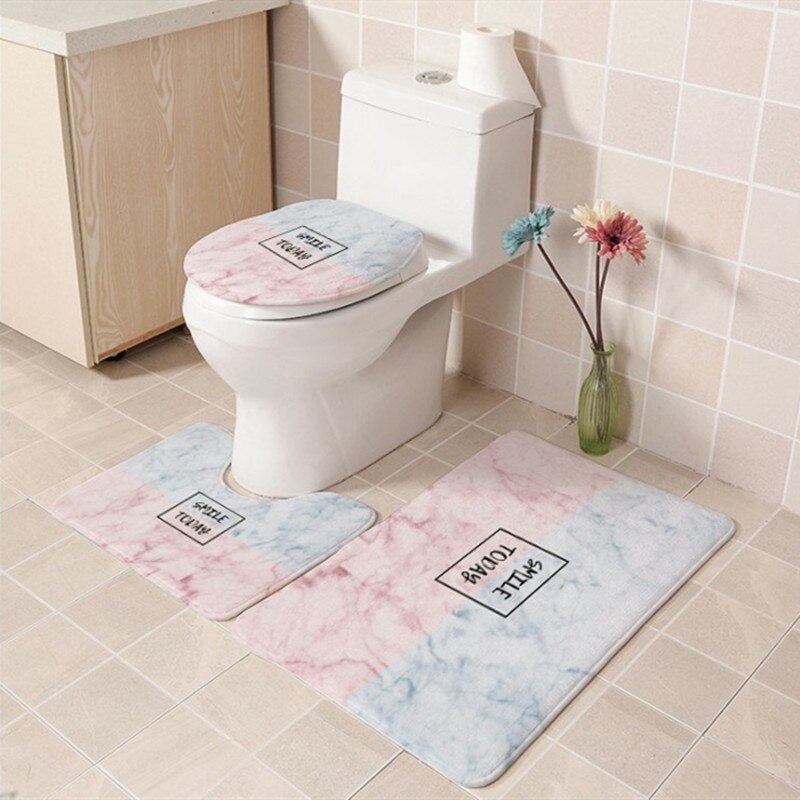 3 stk / sæt badeværelsesmåtte sæt flannel skridsikker køkken bademåtte tæppe badeværelse tæppe vaskbar enkel boligindretning toilet sædehynde: Smil i dag