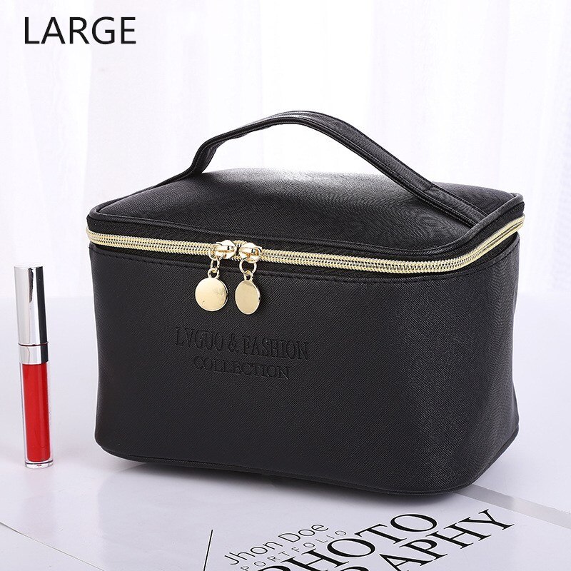 Purdored 1 Pc Grote Vrouwen Cosmetische Tas Pu Lederen Waterdichte Rits Make-Up Tas Reizen Wassen Make Organizer Beauty Case: L black