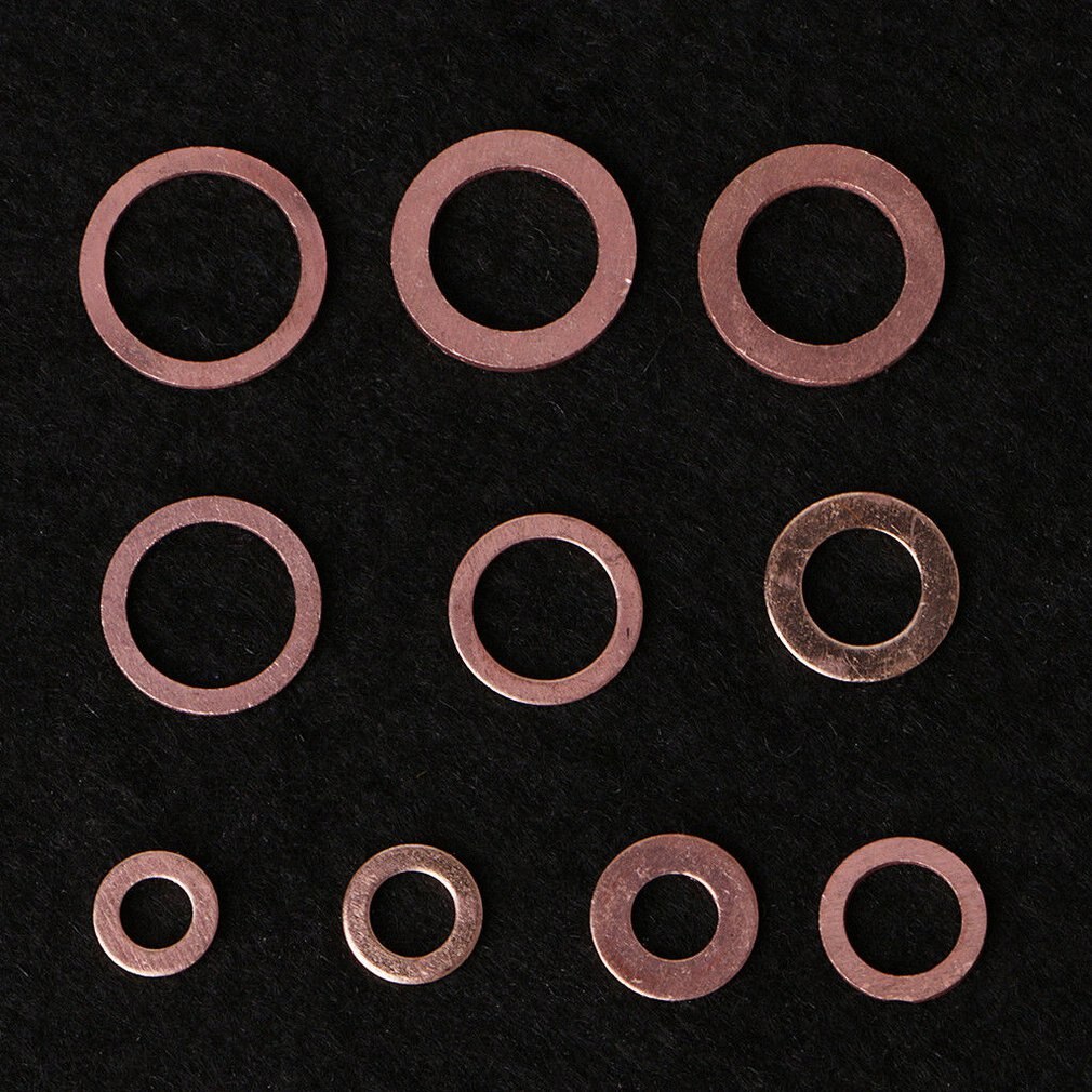 200Pcs Copper Washer Gasket Nut and Bolt Set Flat Ring Seal Assortment Kit With Box M5/M6/M8/M10/M12/M14 for Sump Plugs Water