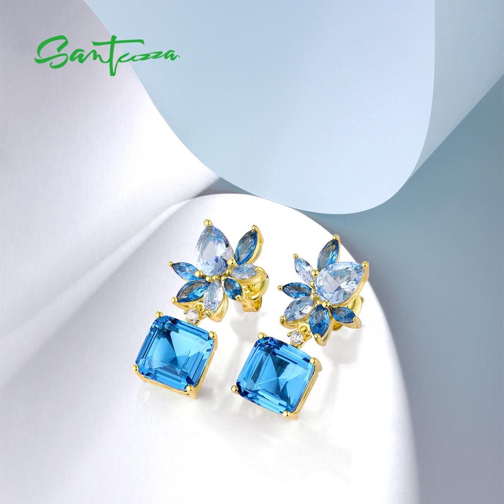 SANTUZZA Silver Earrings For Women Authentic 925 Sterling Silver Shimmering Mulit Blue Stones Glamorous серьги Fine Jewelry