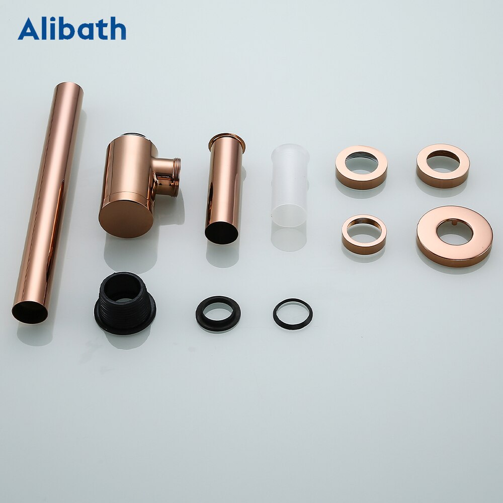Rose Gold Fles Val Ronde Sifon Massief Messing P-TRAP Badkamer Ijdelheid Wastafel Pipe Afval Messing Pop Up Afvoer Met Over flow.