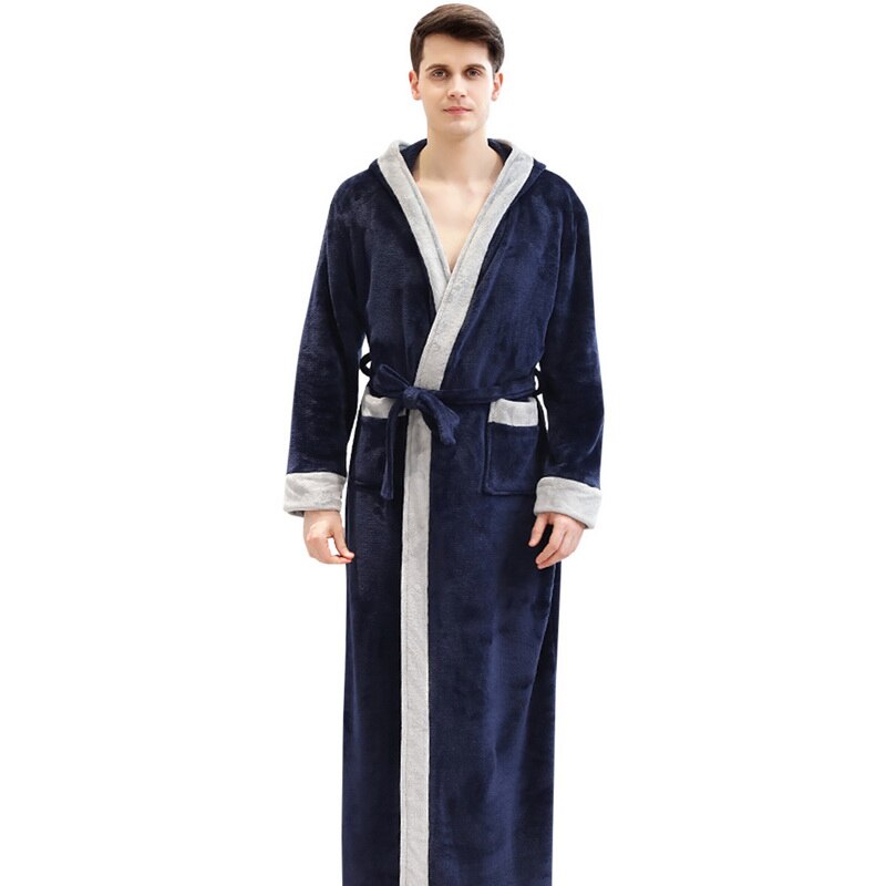 Männer Plus Größe extra Lange Warme Flanell Pelz Bademantel Herren Winter Nachtwäsche Männliche Mit Kapuze Schlecht Kleid Frauen Korallen Dressing Kleid: Marine Blau / XL