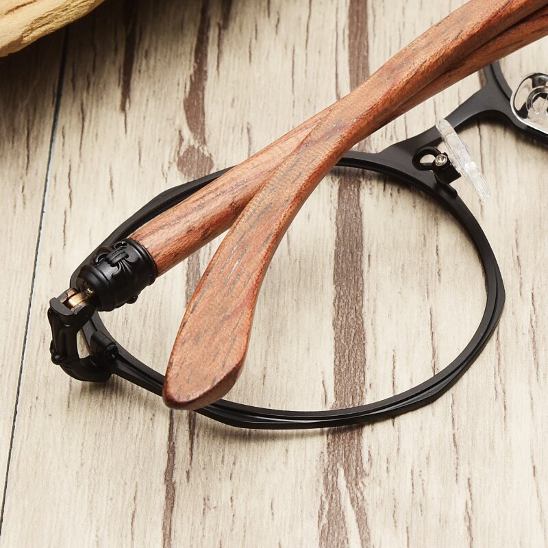 HDCRAFTER Round Wood Temple Metal Eyewear Prescription Eyeglasses Frame Women Myopia Optical Japanese Korean Glasses Frame Men