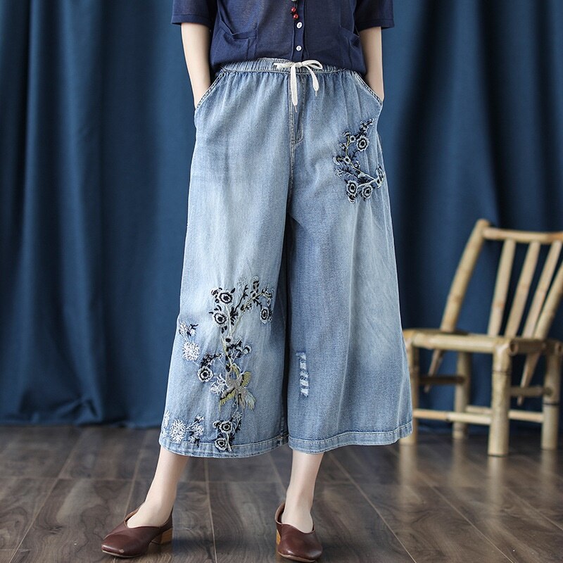 Chinese Style Women&#39;S Jeans Vintage Denim Chinese Trousers Womens Embroider Jeans Kung Fu Pants Ethnic Wide Leg Pants 10370
