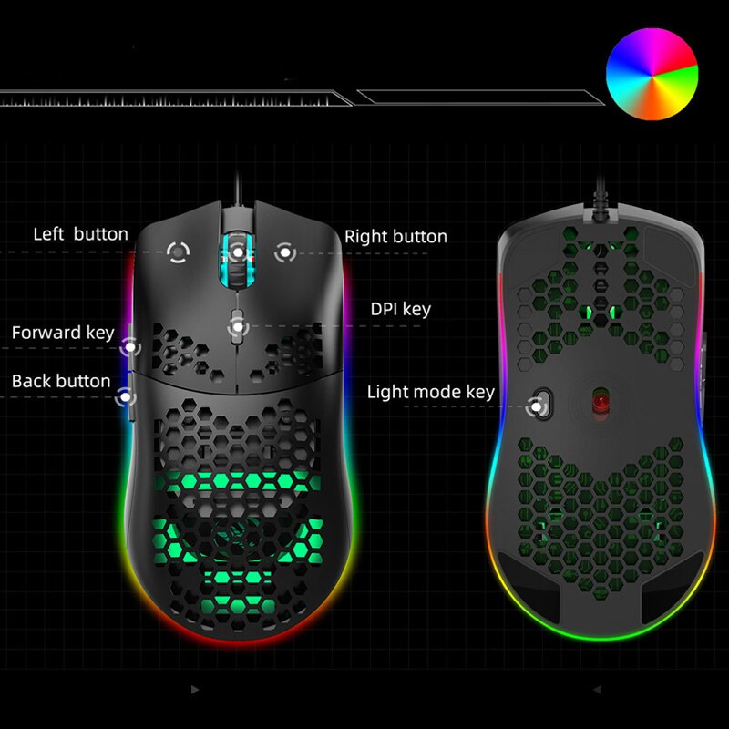 6400 DPI Wired Mouse RGB Backlight USB Gaming Mouse J900 with Six Adjustable Hollow Ergonomic For Desktop Computer Gamer