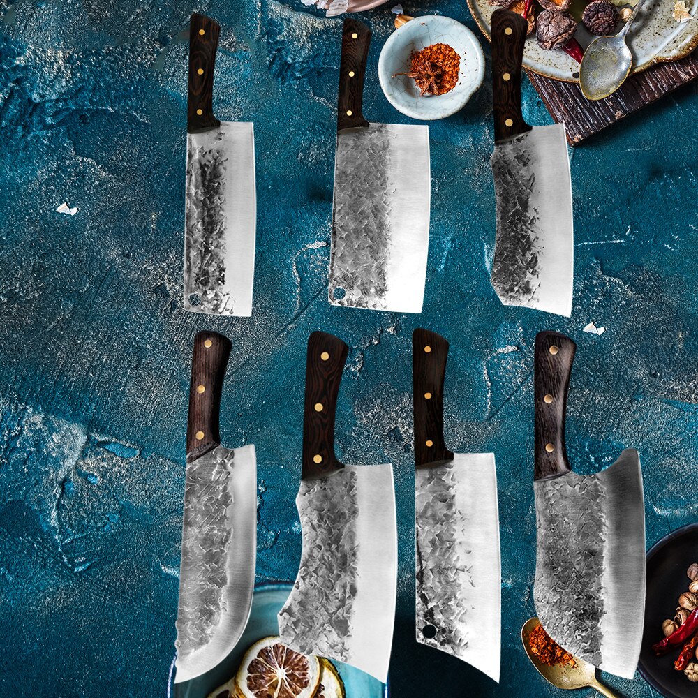 Traditional Forged Kitchen Knife Set Handmade Hammer Stainless Steel Chef's Chopper Cooking Knives Meat Slicer Butcher Knife