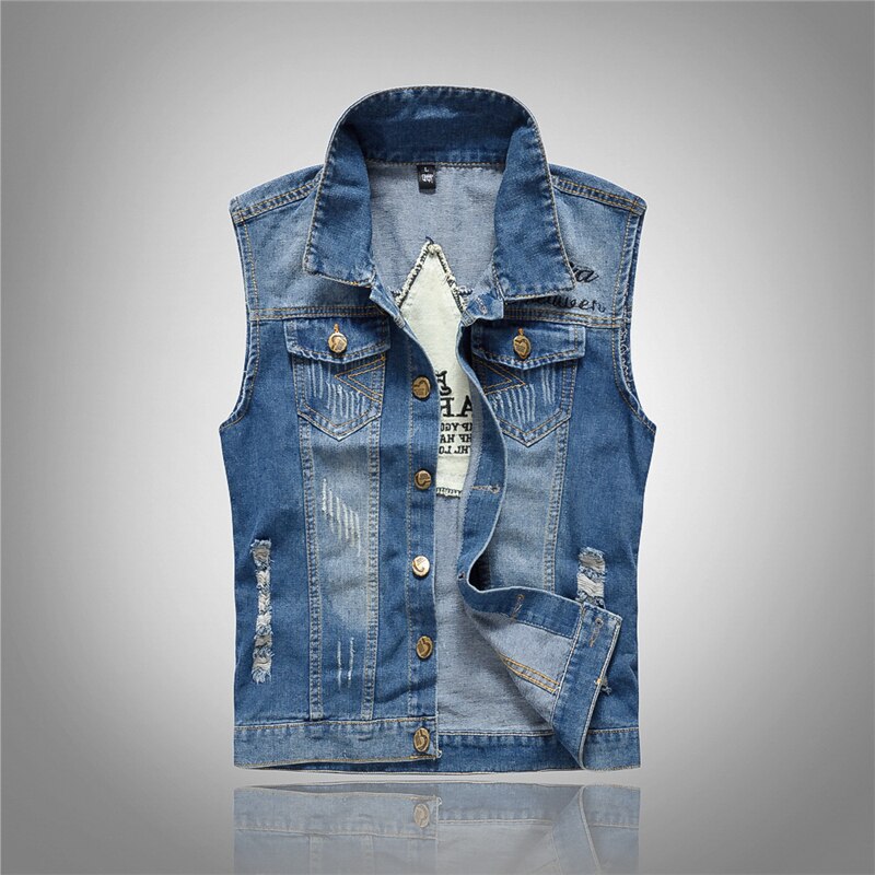 Vintage 80s heren denim vest mouwloos katoen zacht comfortabel jasjes gaten jeans hoogwaardig merk vest 6xl: Hemelsblauw / 4xl