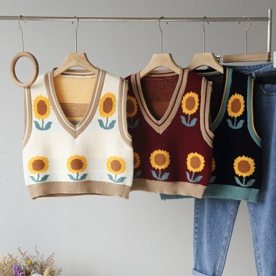 Efterår v-hals ærmeløs vest solsikke farve matchende strik dame sweater harajuku college style pullover kvinde sweater vest