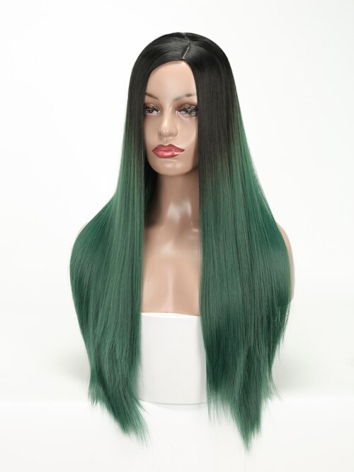 Lisi hår sort ombre lilla grøn paryk lange lige parykker syntetiske parykker til sorte kvinder kemisk fiber paryk 26 tommer: Sort ombre grøn