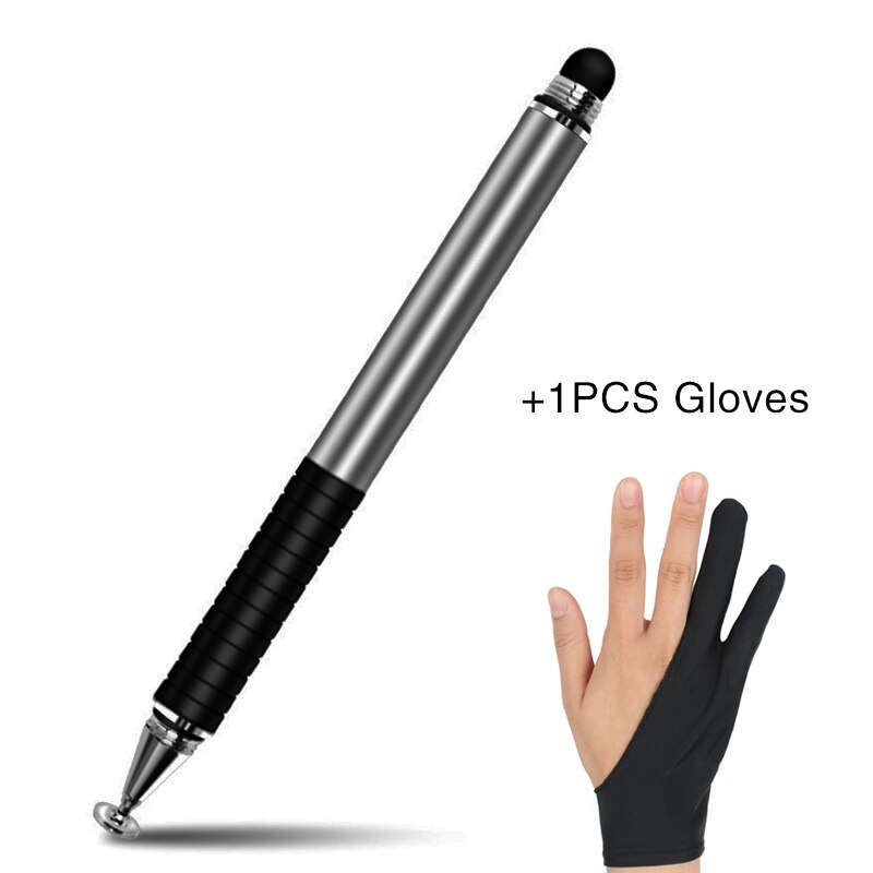Bolígrafo Stylus Universal 2 in1 para Ipad lápices de Tablet dibujo lápiz táctil capacitiva pantalla pluma Stilus Smart Pen para la PC del teléfono móvil: Gray add Gloves