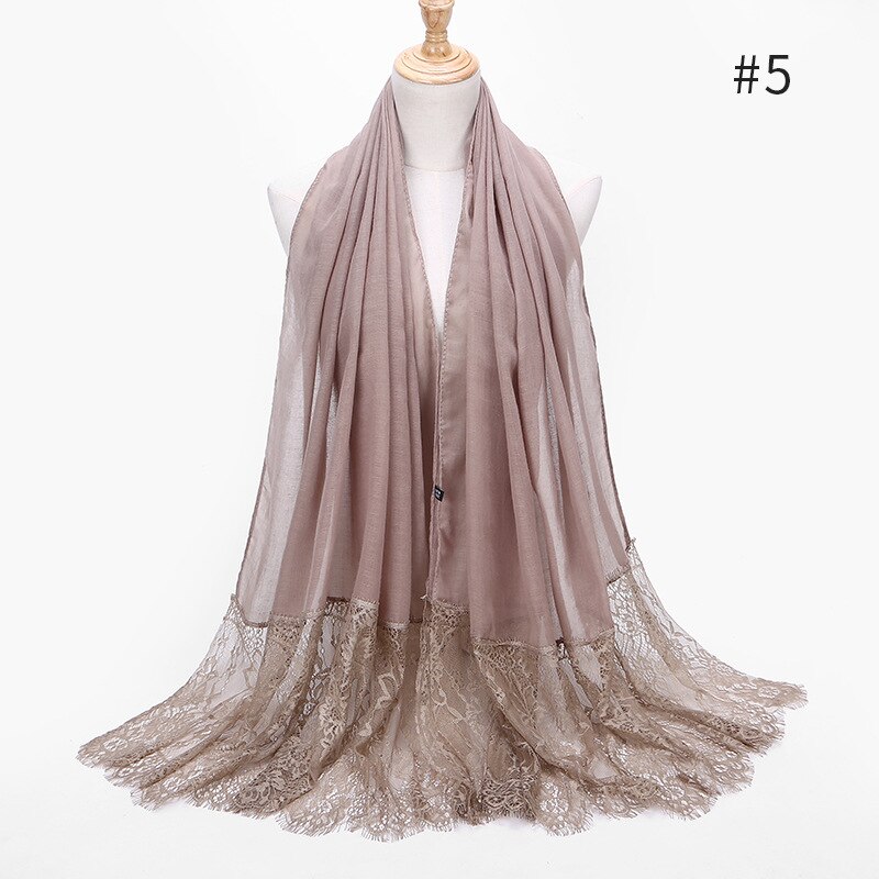 Two Sides Floral Lace Hijabs Viscose Head Scarves Muslim Womens Plain Maxi Muffler Cotton Arab Shawl Tudung Turban 1PC: 5 khaki