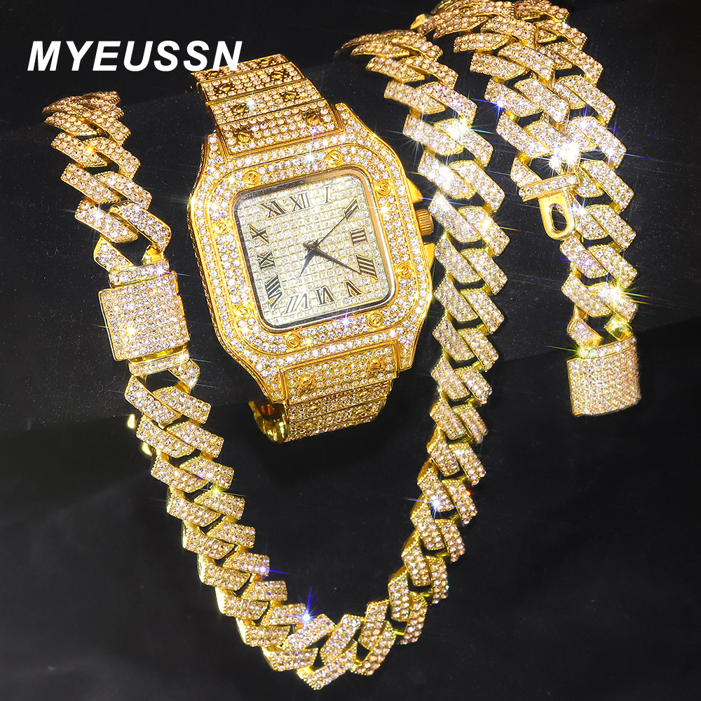Goudkleurige Cubaanse kettinghorloge voor mannen, hiphop Miami Curb, Iced Out verharde strasssteentjes, bling rapper ketting, horloge + armband sieraden