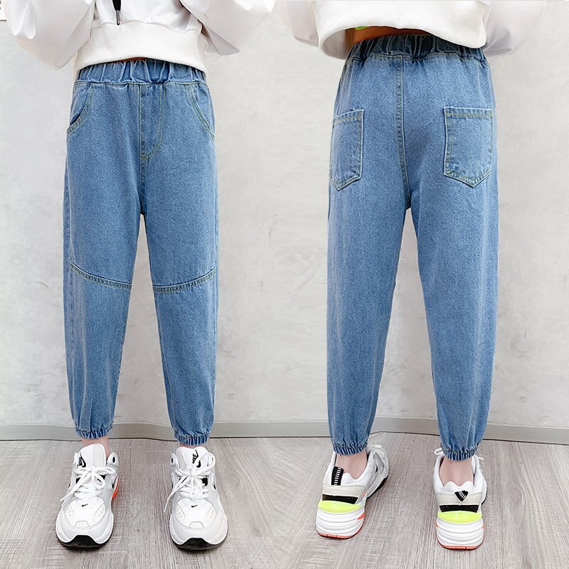 Spring Autumn Loose Leisure Jeans For Girls Children Blue Jeans Sport Kids Female Denim Pencil Trousers 4-13Years Old