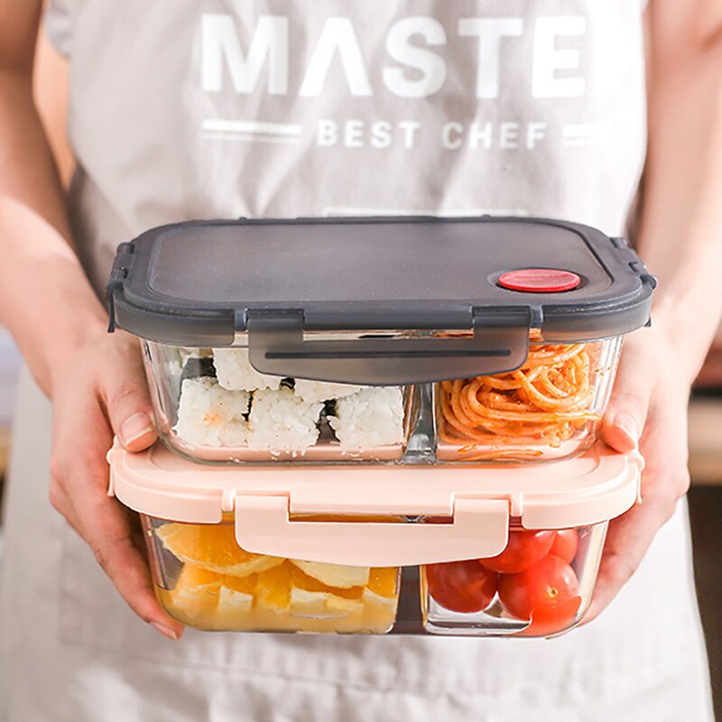 Glass Blue Lunch Box with Compartment Leakproof Food Container Microwave Bento Box Kitchen Meal Prep Storage Container