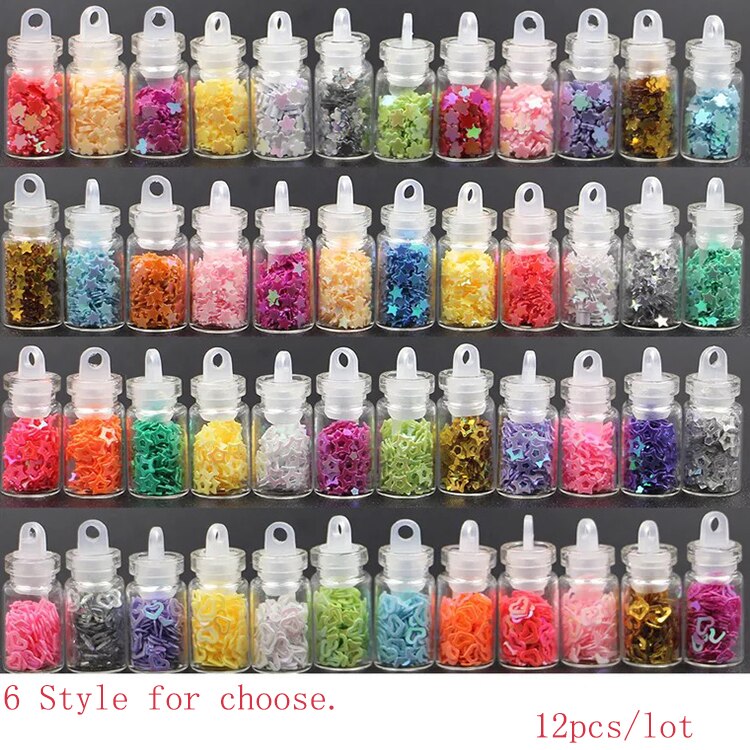 12 kleur/veel Nail Sticker 3d vijfpuntige ster Hart Glazen flessen verpakking 1200 stks Decoratie Glitter Nail accessoires