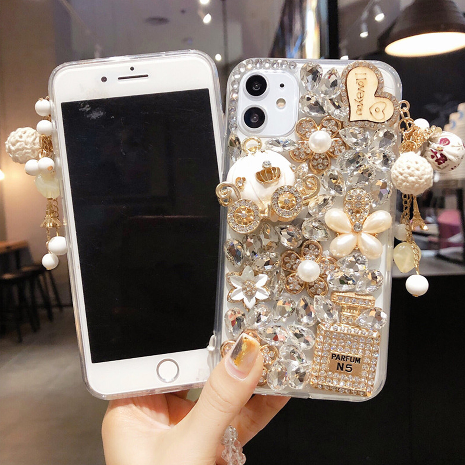 Voor Iphone 13 Pro Max Bling Case 3D Luxe Sparkle Glitter Diamond Crystal Rhinestone Charm Hanger Beschermende Case Cover