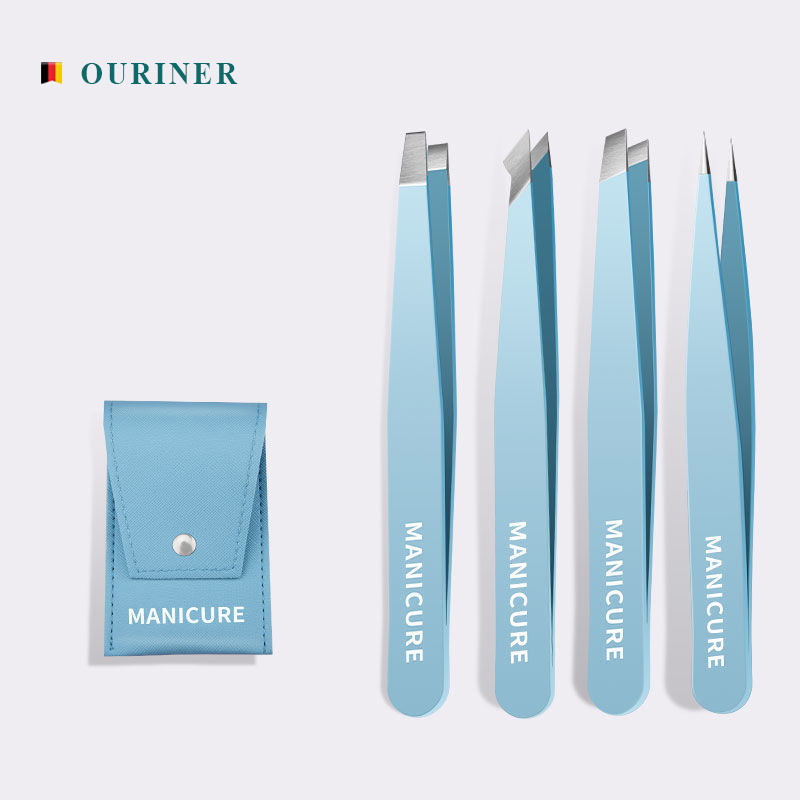 4-delige kleurrijke wenkbrauwpincet Haarschoonheid Fijne harentrekker Roestvrij staal Schuine wenkbrauwclips Verwijdering Make-up gereedschap: Blauw