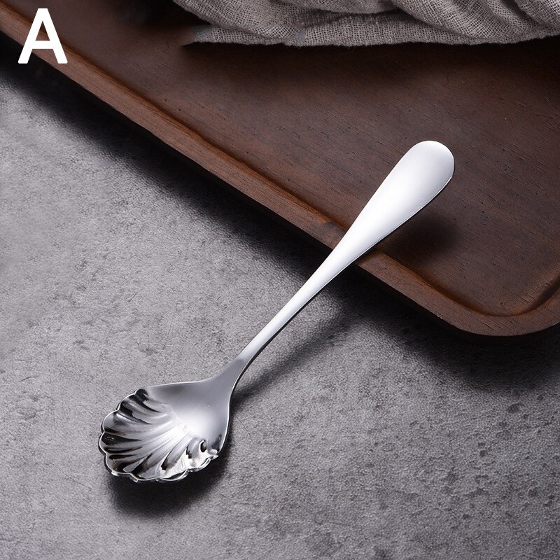 Shell Shape Stainless Steel Spoon Teaspoons Coffee Spoons Ice Cream Sugar Dessert Spoons Tableware Kitchen Accessories: A