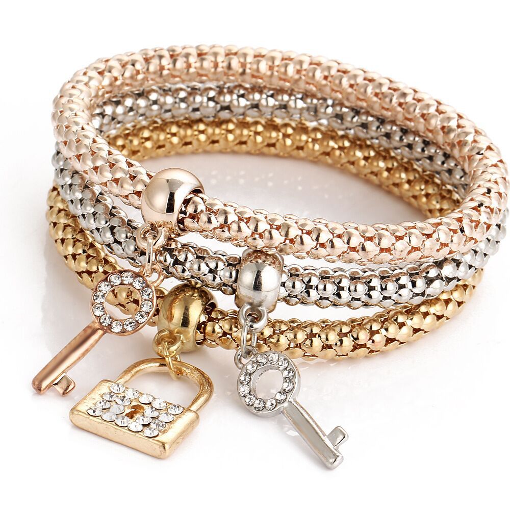 3 Stks/partij Boom Van Het Leven Armband Crystal Uil Key Lock Music Note Uil Vlinder Hart Charme Armband Voor Vrouwen Mode sieraden: Key and lock