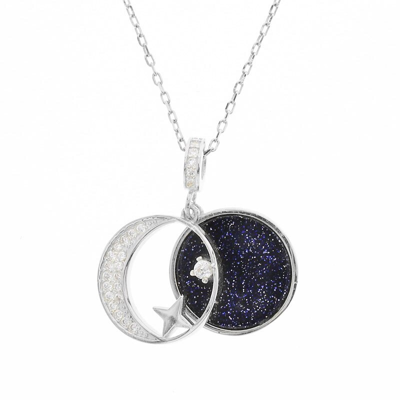 S'Stahl Sterne Mond Anhänger Halskette 925 Sterling Silber Kette Zirkon ErkläSprosse Halsketten Zubehör Für Frauen Schmuck: Platin Farbe