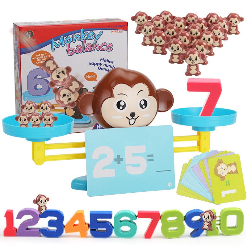 Montessori Matematica Partita Gioco Da Tavolo Giocattoli Scimmia Digital Balance Bilancia Del Giocattolo Del Bambino del Giocattolo di Apprendimento Animale Action Figure di Matematica Bilancia s giocattoli: Monkey with box