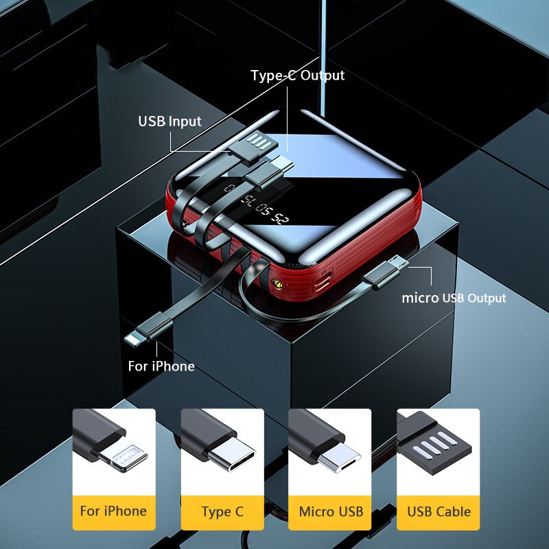 Banco de energía de 20000mAh con 4 Cables para Xiaomi, Samsung, iPhone, pantalla Digital Mirror Screen, Powerbank para teléfono y tableta