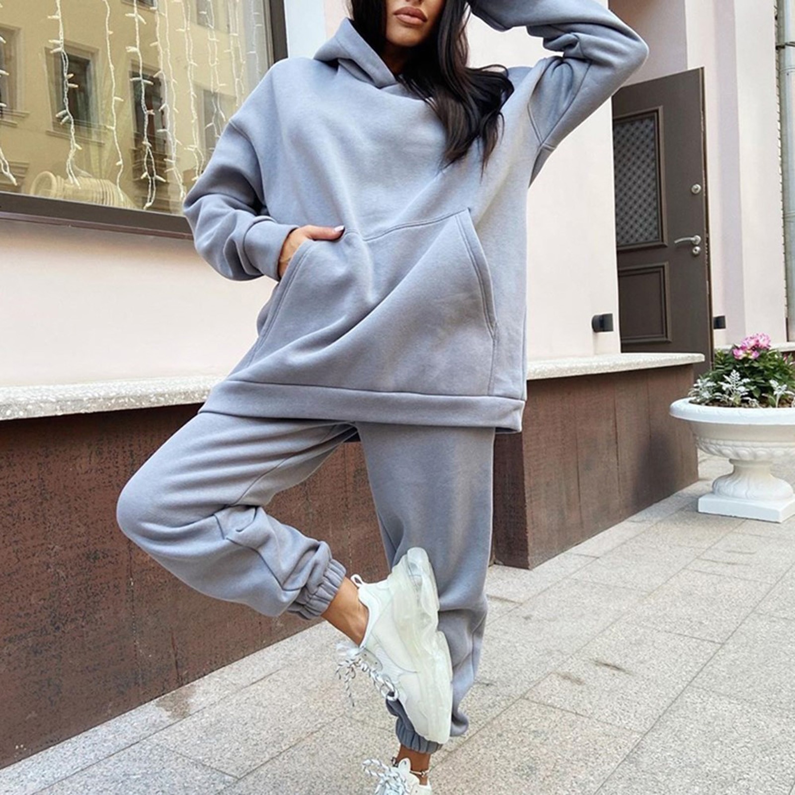 Autumn Winter Fleece Hoodies Two Piece Set Ladies Casual Sports Suit Hooded Pullover Solid Color Tracksuits Gym Clothing #3: M / Gray