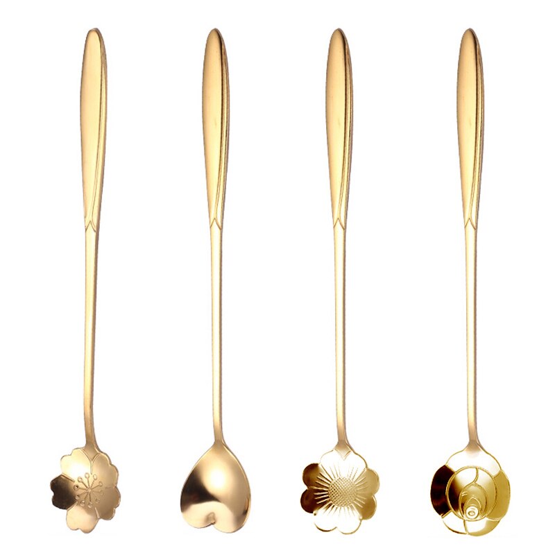 4Pcs Kirschblüten Edelstahl Löffel Vintage Metall Geschnitzte Kaffee Obst Dessert Tee Eis Löffel Küche Besteck: 17.8cm gold