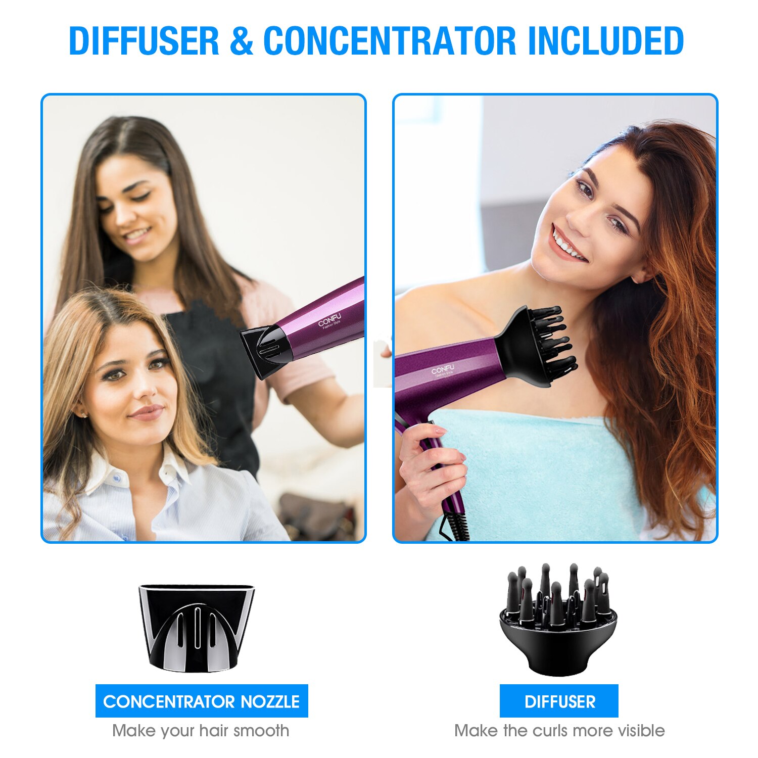 2200w Hair Dryer Negative Ion Blowdryer with diffuser and styling nozzle Powerful Hairdryer Salon Home Styling Tool