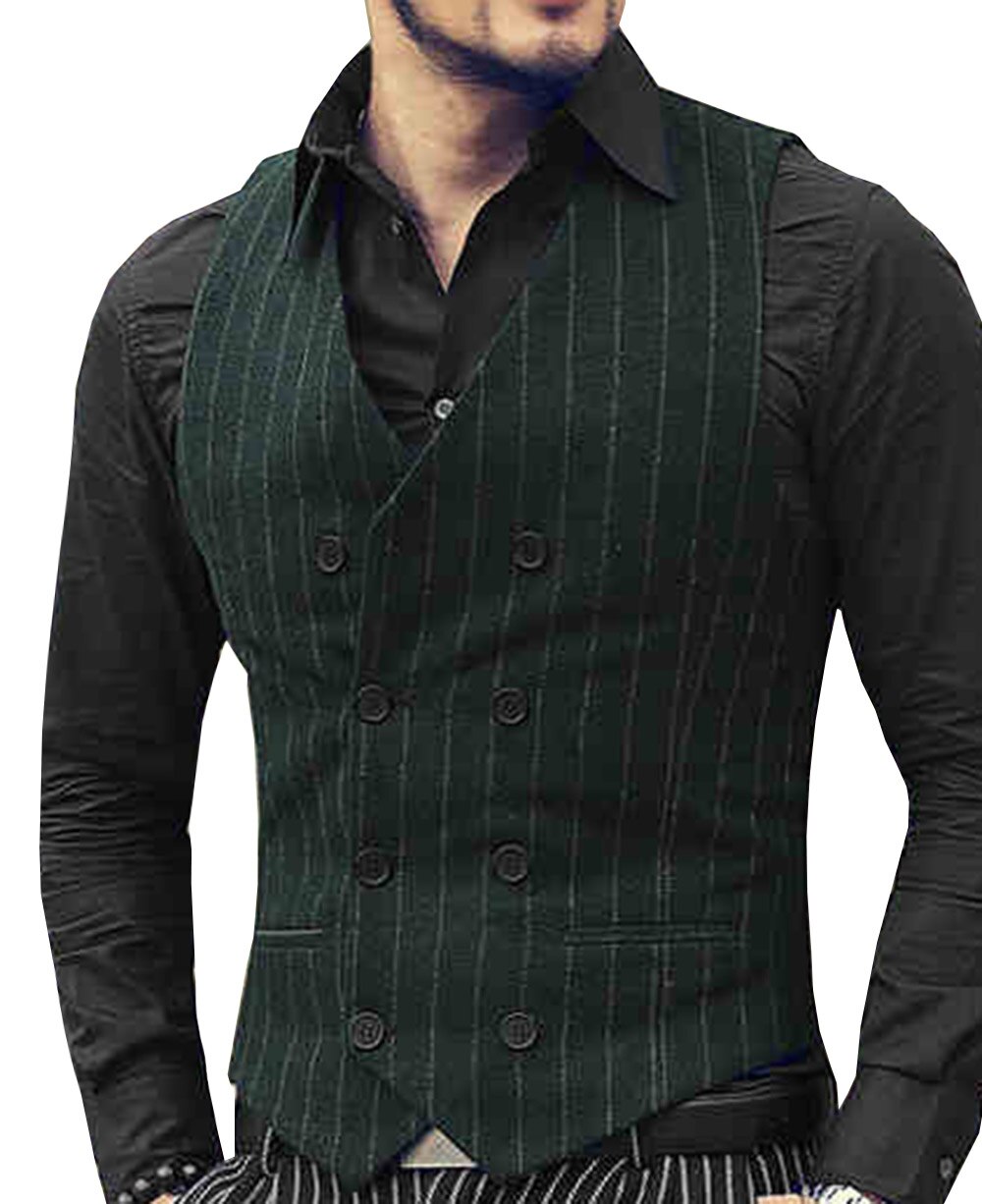 Mens Casual Suit Vest V Neck Notch Army Green Waistcoat Casual Formal Double-breasted Business Vest Groomman For Wedding Vest: XXXL
