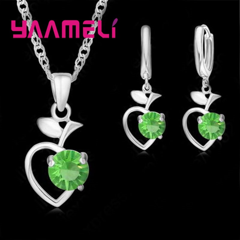 Summer Specials 925 Sterling Silver Jewelry Set Green White Pink Fruit Pendant Necklace/Hoop Earrings/Chain for Wedding: Green