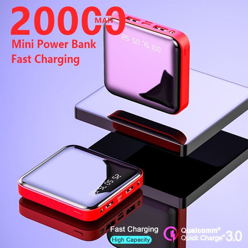 Mini Powerbank portatile da 20000mAh Powerbank di ricarica per telefono cellulare LED torcia a specchio Dual Usb batteria esterna Powerbank