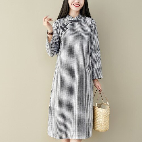 Chinese Dress full sleeve qipao dress vintage chinese style restoring cheongsam dress chinese traditional embroidery dress: grey / L