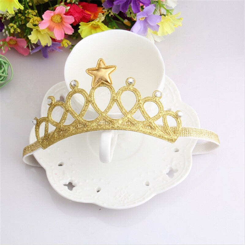 Girls Baby Hair Accessories Princess Tiaras Crown Gold Silver Headband Elastic Birthday Headbands