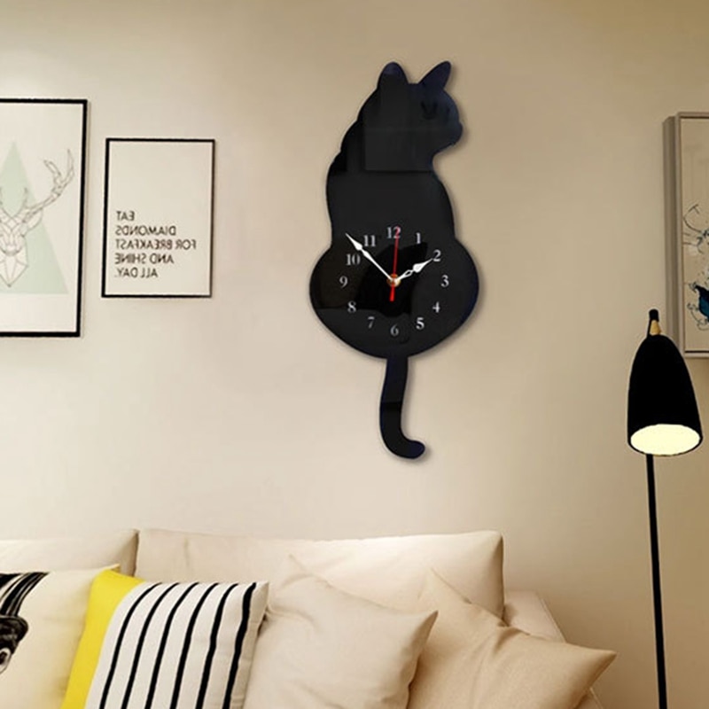 Home Cartoon Animal Wall Clock Cute Wagging Tail Cat Wall Clock Acrylic Clock Home Wall Decoration
