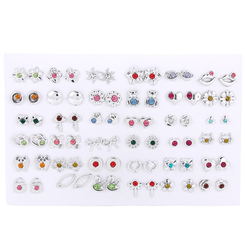 36pairs/set Silver Color Flower Stud Earring Set For Women Girl Crystal Bear Animals Kids Earrings Jewelry Mix Styles