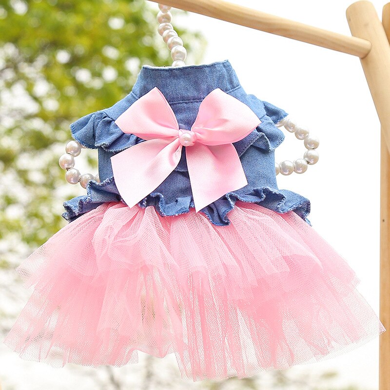 Pet denim dress cat dog princess wind skirt kitten puppy cute tutu skirt dog breathable T-shirts cat comfort shirts pet clothes: pink yarn / Xl