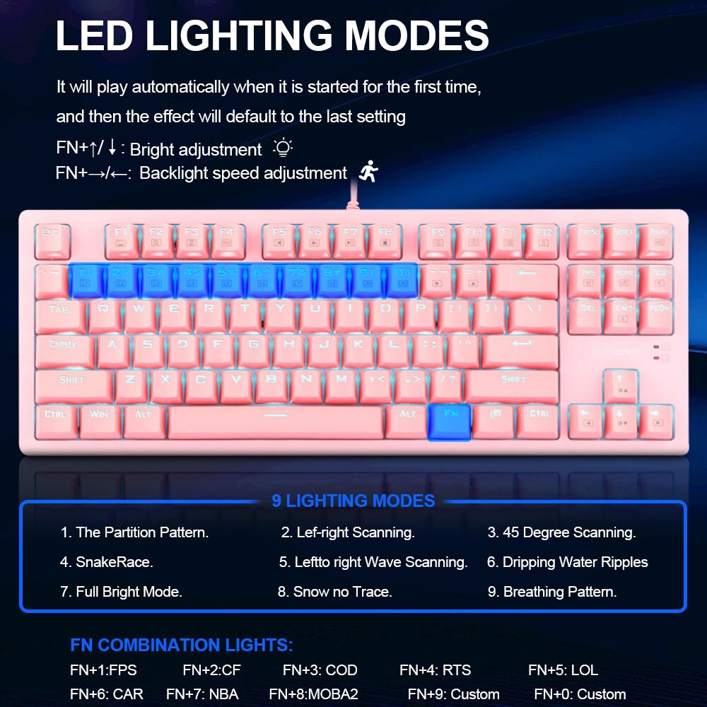 Teclado mecánico E-YOOSO K620 para juegos, conmutador azul, 87 teclas, retroiluminado, para ordenador, portátil y PC