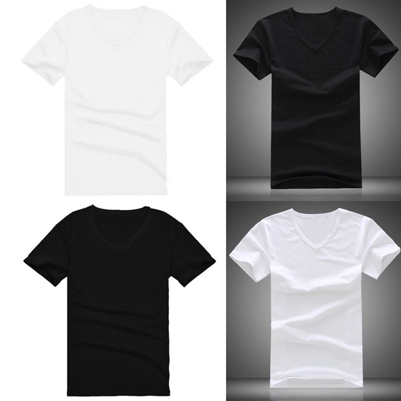 Herre sommer t-shirt solid sort hvid enkle toppe kortærmet v-hals koreansk stil slim fit afslappet tees mandlige tøj t-shirts