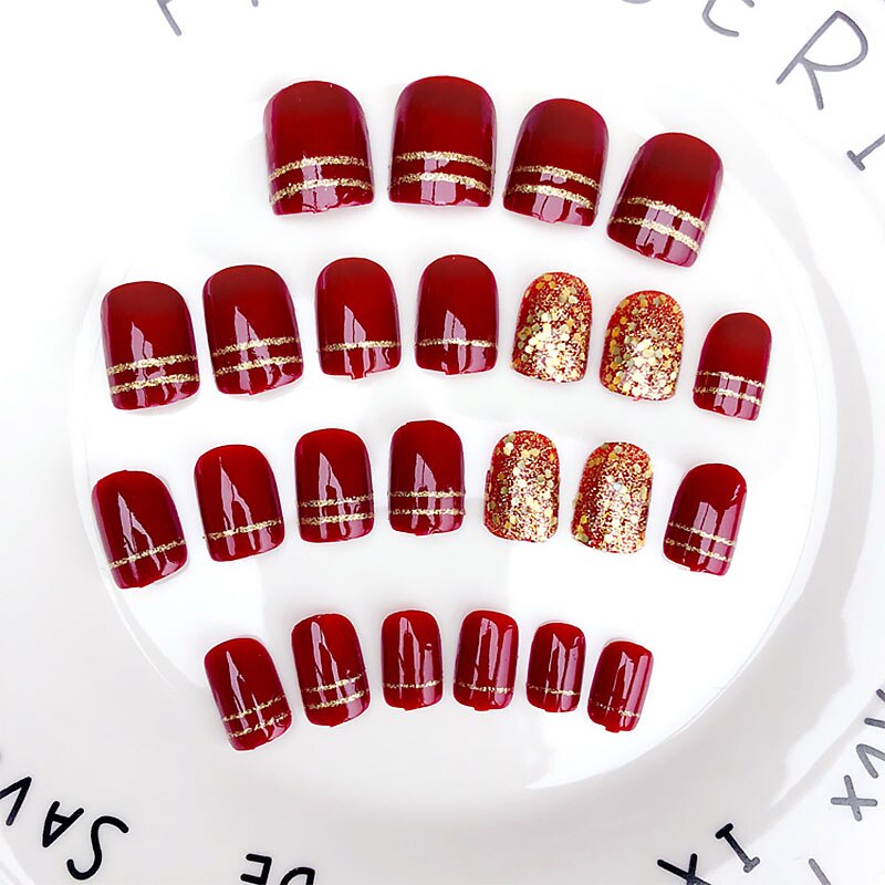 24 pièces magnifiques faux ongles avec colle Champagne vin rouge court brillant doré paillettes faux ongles mariage mariée complet ongles conseils