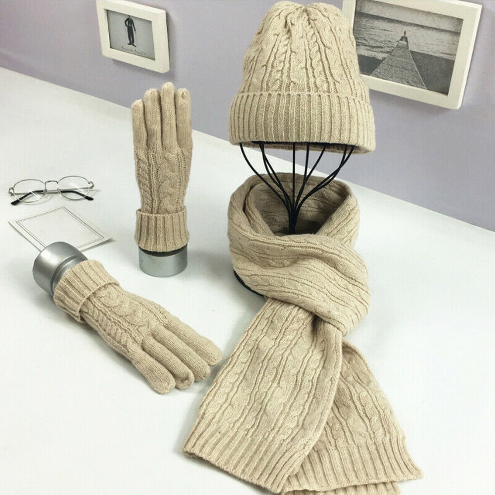 Nyeste vinter kvinder uldne tykke strik hat tørklæde handsker sæt varm blød strikket uld sæt: Beige